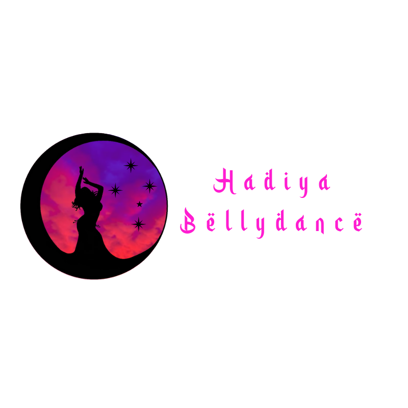 Black outline of a belly dancer and the moon, with pink and purple clouds on the background, and the southern cross stars at her side